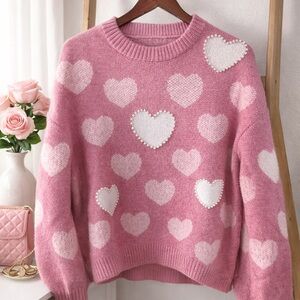 Pink Rose Heart Embellished Sweater